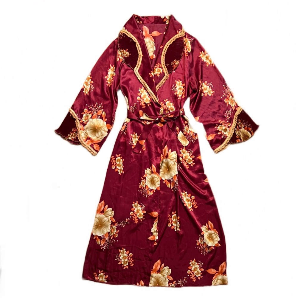 Floral Robe Burgundy Rust Orange with Gold Detailing